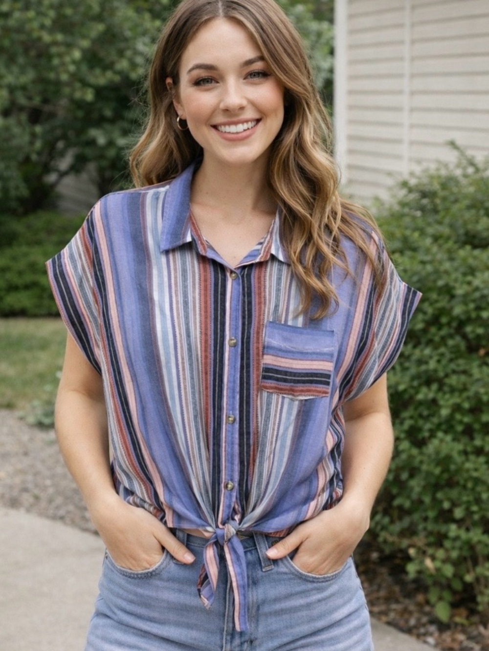 Always Indigo Lightweight Tie Front Top 100% Cotton Boho Colorful Striped Size L